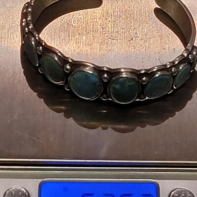 Lot 245: Old Pawn Navajo Sterling Stamped Turquoise Cuff Bracelet
