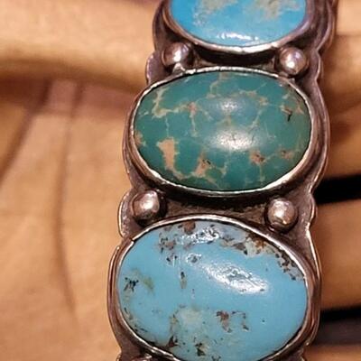 Lot 245: Old Pawn Navajo Sterling Stamped Turquoise Cuff Bracelet