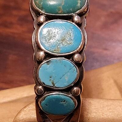 Lot 245: Old Pawn Navajo Sterling Stamped Turquoise Cuff Bracelet
