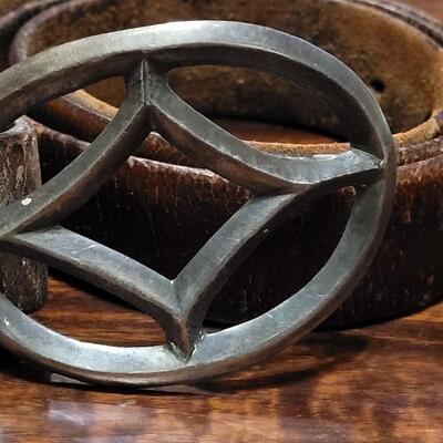 Lot 246: Old Pawn Navajo Sterling Belt Buckle and Leather Belt