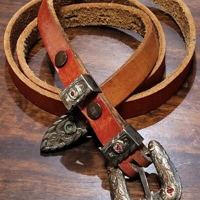 Lot 248: Pre-1948 Mexican Silver And Gold Plated Belt Buckle and Red Leather Belt