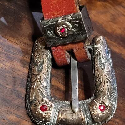 Lot 248: Pre-1948 Mexican Silver And Gold Plated Belt Buckle and Red Leather Belt