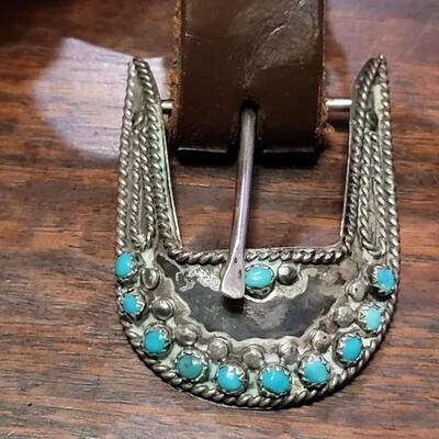 Lot 249: Vintage Turquois Belt Buckle and Brown Leather Belt