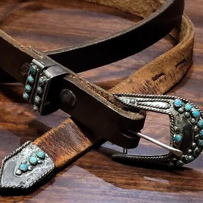 Lot 249: Vintage Turquois Belt Buckle and Brown Leather Belt
