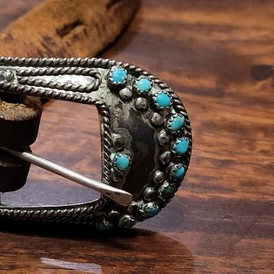 Lot 249: Vintage Turquois Belt Buckle and Brown Leather Belt