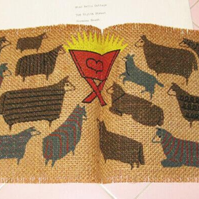 MS 1956 Burlap Christmas Card Country Printers Turner Falls Mass. Jesus Sheep