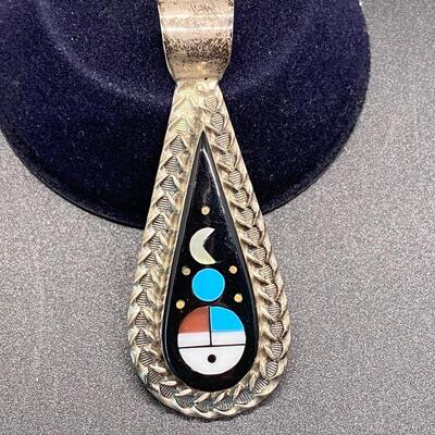 Vintage Navajo Southwestern Inlay Stone Sun Face Pendant Charm Signed WS Willie Shaw Sterling Silver 925