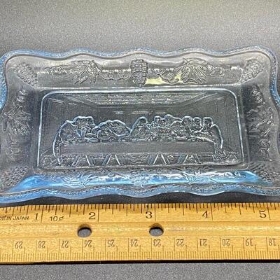 Vintage Tiara Indiana Pressed Light Blue Glass Religious Trinket Dish The Last Supper