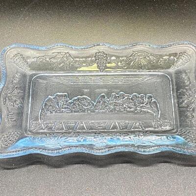 Vintage Tiara Indiana Pressed Light Blue Glass Religious Trinket Dish The Last Supper