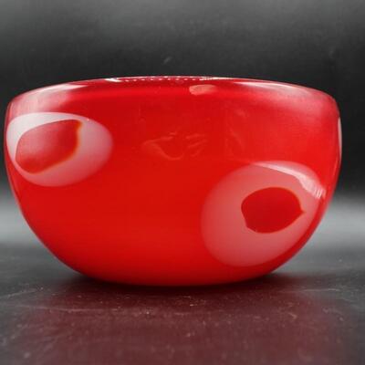 Red with White Circles Murano Style Blown Glass Art Bowl