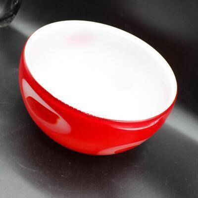 Red with White Circles Murano Style Blown Glass Art Bowl