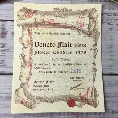 Antique Vintage Veneto Flair Flower Children Hand Etched & Painted Art Plate by V. Tiziano