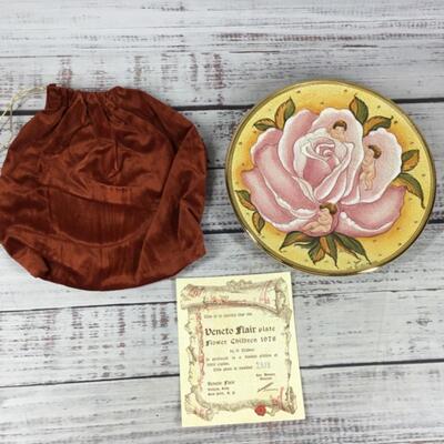 Antique Vintage Veneto Flair Flower Children Hand Etched & Painted Art Plate by V. Tiziano
