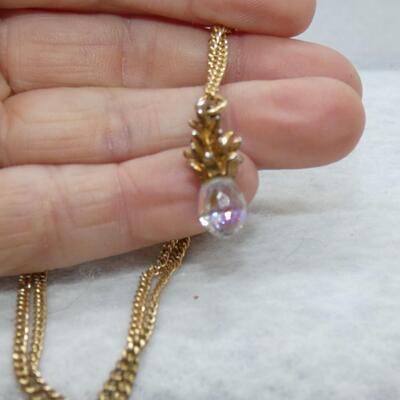 Gold Tone Aurora Borealis Pineapple Pendant Necklace