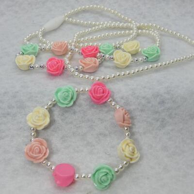 Cute Rose & Pearl Childs Necklace And Bracelet Set