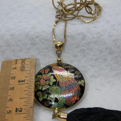 Vintage CloisonnÃ© Peacock Pendant & Tassel Necklace