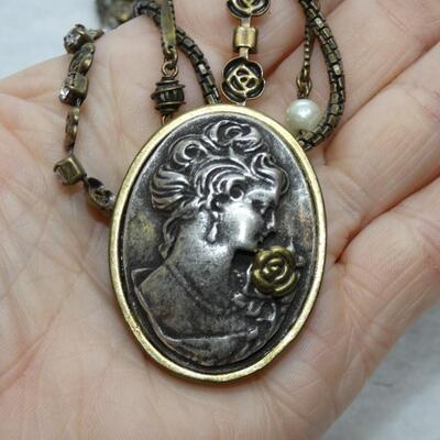 Silver & Gold Tone Cameo Pendant Necklace, 3 Layer Chains