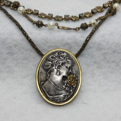 Silver & Gold Tone Cameo Pendant Necklace, 3 Layer Chains
