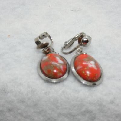 Silver Tone Orange Clip Earrings
