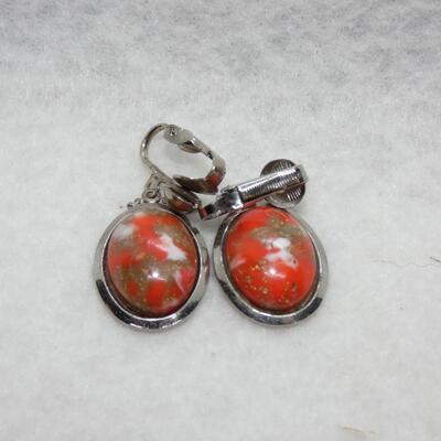 Silver Tone Orange Clip Earrings