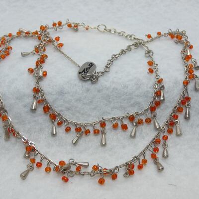 Small Orange Beaded Necklace & Anklet Set, Silver Tone