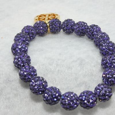 Purple Beaded Stretch Bracelet with Gold Tone Charm