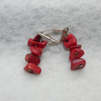 Silver Tone Red Coral Dangle Earrings