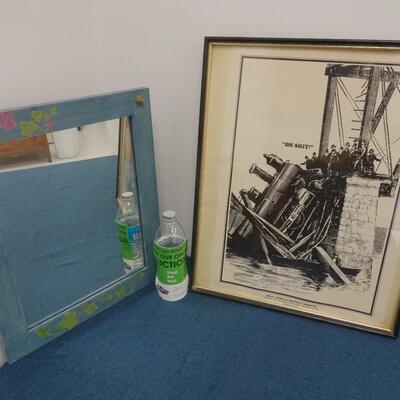 LOT 344. DECORATIVE MIRROR AND FRAMED POSTER