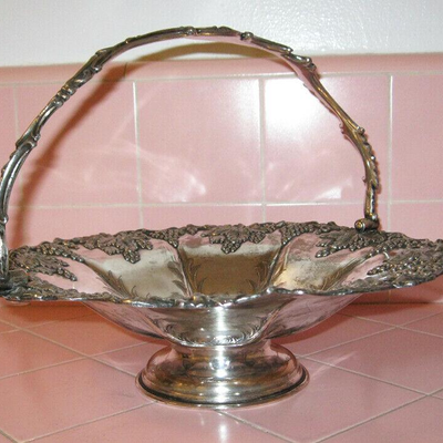 MS Antique Silverplate Basket Grape Motif Shabby Chic