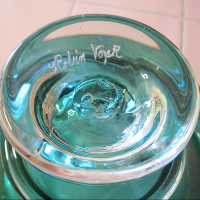 MS Studio Art Glass Bowl Artist Signed Robin Vojak Sea Green Hand Blown US