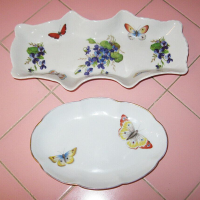 MS 2 Limoges France Candy Pin Dish Violet Butterflies Trinket Scalloped Chamart