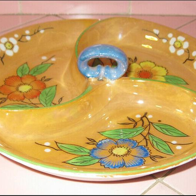 MS Vintage 1930s Luster Ware Candy Dish Handle Japan Flower Trinket Ring Lusterware
