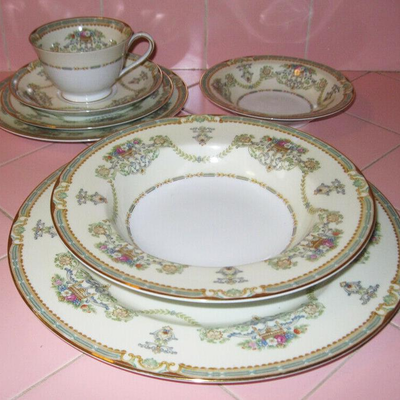 MS Vintage Noritake Chatsworth 56 pcs Plates Bowls Cup Saucer #5044 Japan Gold 1950s