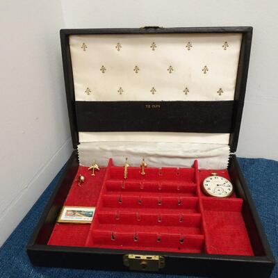 LOT 389. MENS JEWELRY BOX WITH TIE TACKS AND NON WORKING POCKET WATCH