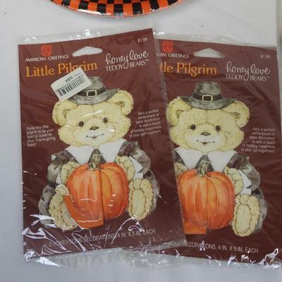 Fall/Halloween Lot: Paper Plates and Cups, Ceramic Bear Figures, Door Poster