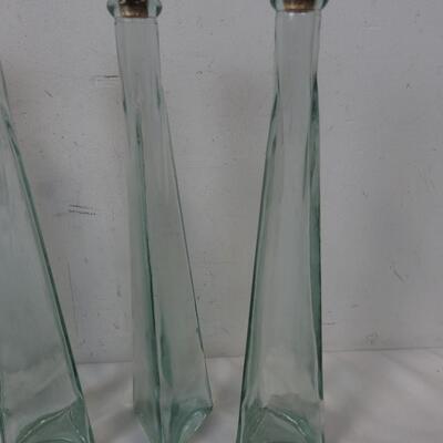 9 Tall Green Glass Bottles, Triangle Base