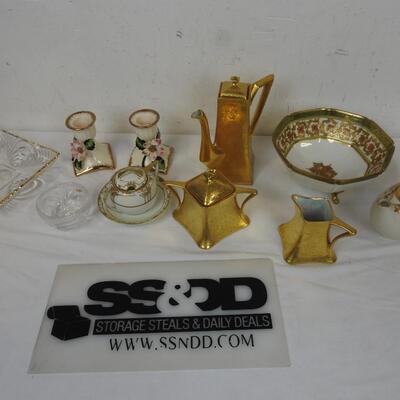 Lot of China, Candle Holders, Nippon, Tea Pots, Gold Colered