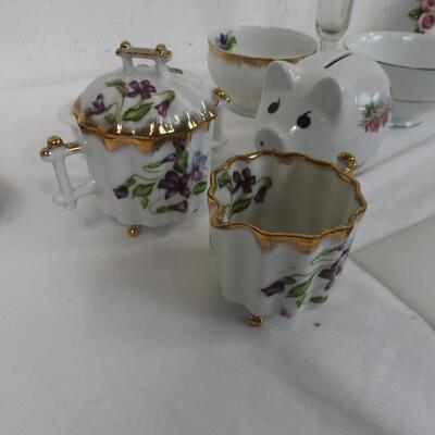 13 pc China/Flower Decor, Vases, Piggy Bank, Tea Cups, Musician Figurines
