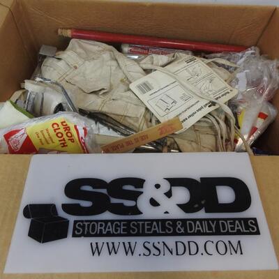 Box of Painting Supplies: Drop Cloths, Rollers, Trays, etc