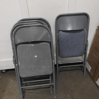 5 Folding Chairs, 4 Grey, 1 Padded Blue Chair