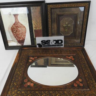 3 pc Wall Decor: Mirror, Framed Art, Antique Style