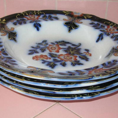 MS Antique 1850s Flow Blue 4 Large Rim Soup Bowl Plate Floral Ridgway Registry Mark