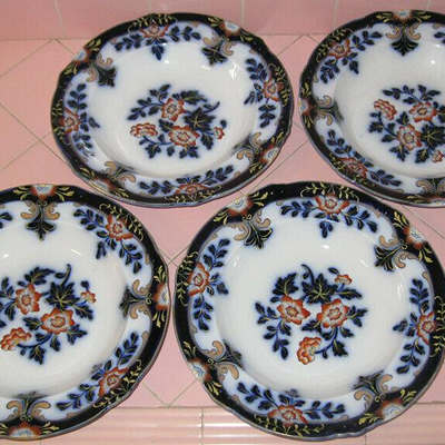 MS Antique 1850s Flow Blue 4 Large Rim Soup Bowl Plate Floral Ridgway Registry Mark