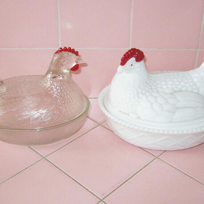 MS 2 Vintage Glass Chicken On Nest Candy Dish Clear Milk Westmoreland Red Paint