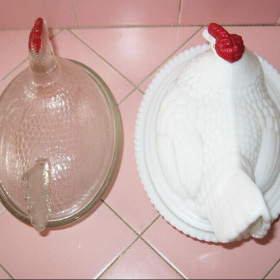 MS 2 Vintage Glass Chicken On Nest Candy Dish Clear Milk Westmoreland Red Paint