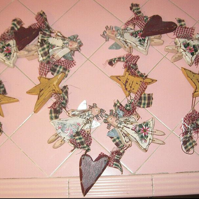 MS 52" Primative Folk Art Christmas Garland Wood Angels Hearts Stars Hand Painted