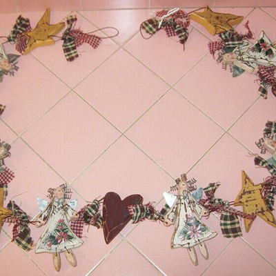 MS 52" Primative Folk Art Christmas Garland Wood Angels Hearts Stars Hand Painted