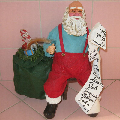 MS Vintage Santa Claus Figurine Checking His List Bag of Toys Candy Canes Fabric Paper Mache Taiwan