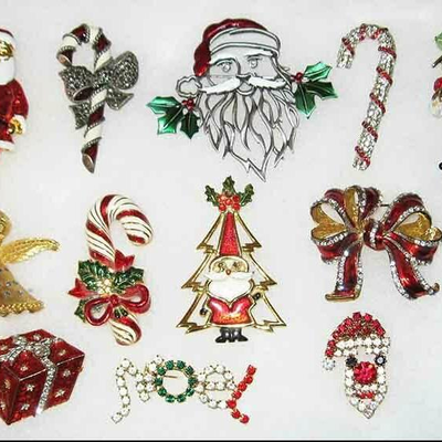 MS 13 Christmas Pins Brooch Santa Noel Angel Bow Reindeer Candy Cane Signed Earring