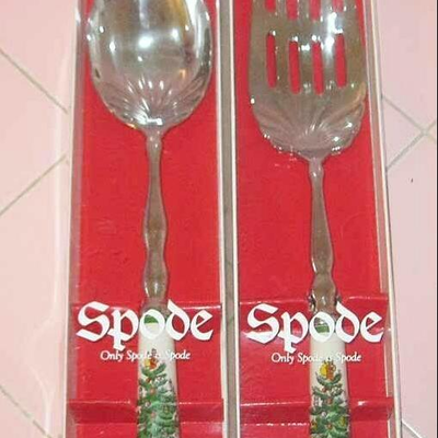 Spode Christmas Tree Serving Utensils Spoon Fork Salad Porcelain Handle